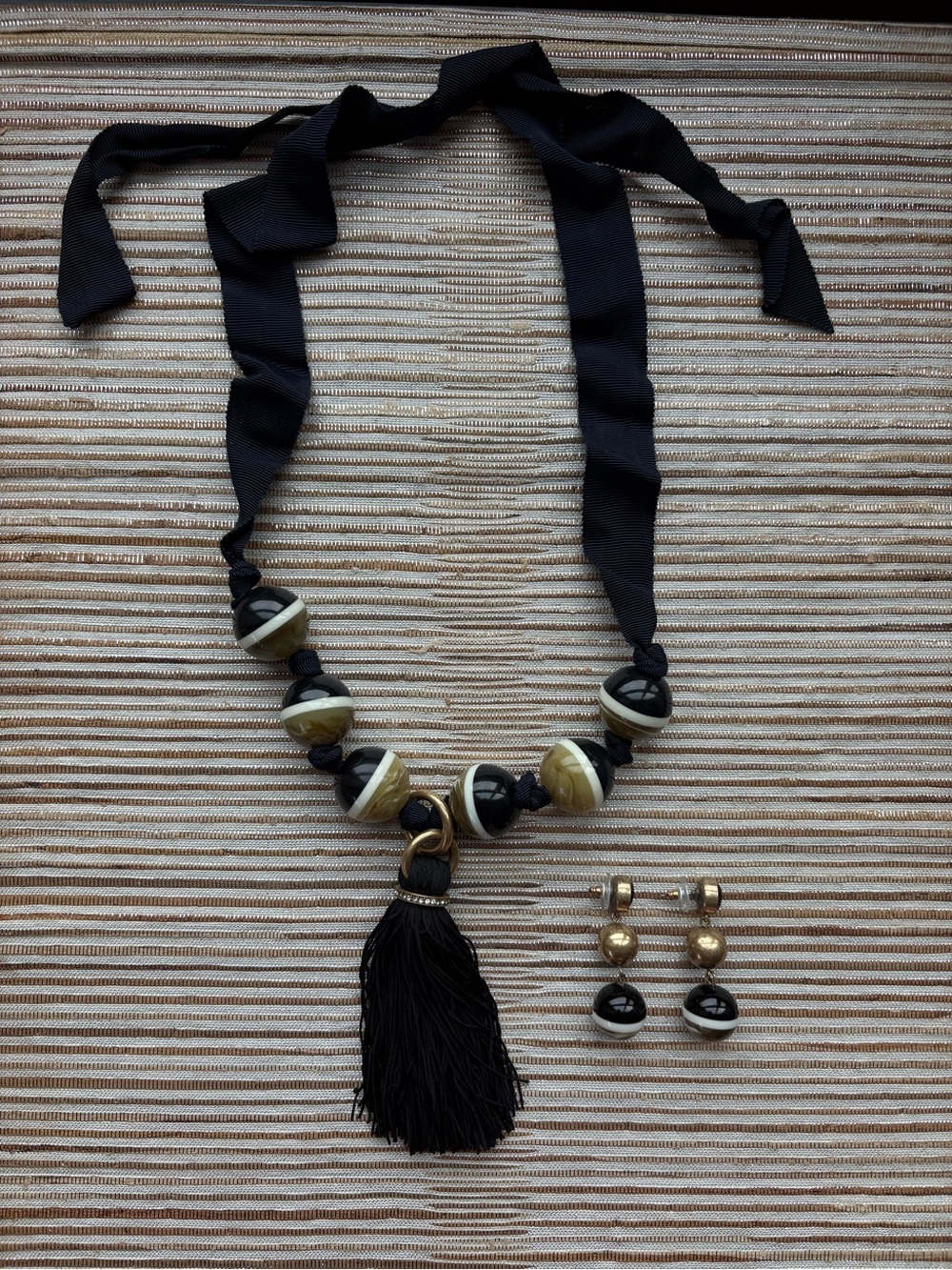 Ann Taylor Bead and Tassel Ribbon Necklace and Earring Matching Set